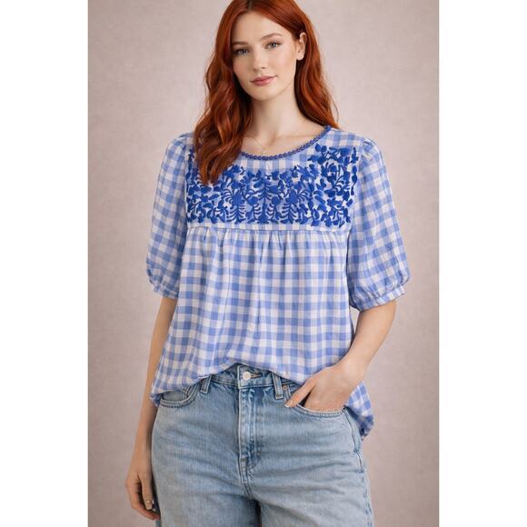 JODIFL Tops - Jodifl Gingham Embroidered Peplum Blouse Cottagecore Spring Floral Top Size L